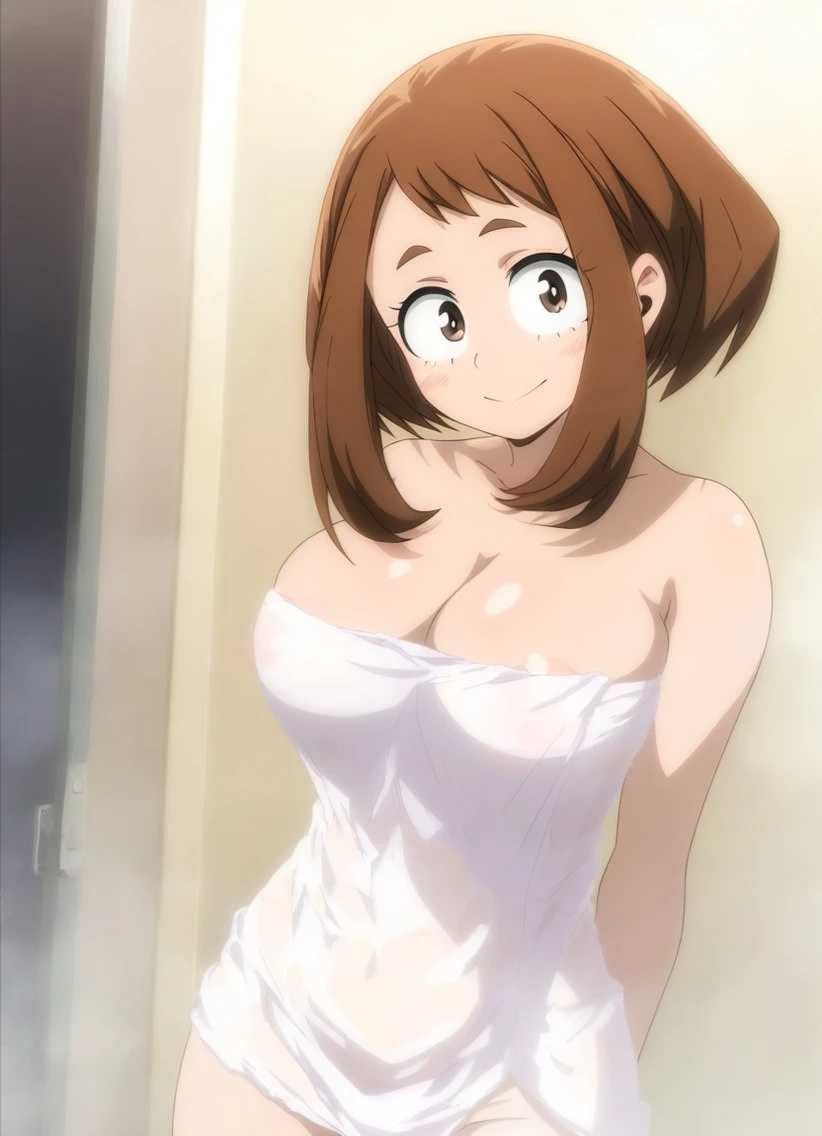 1girls, ai generated, bathroom, before sex, brown hair, brown-haired female, female, my hero academia, ochako uraraka, smile, solo, towel, towel only