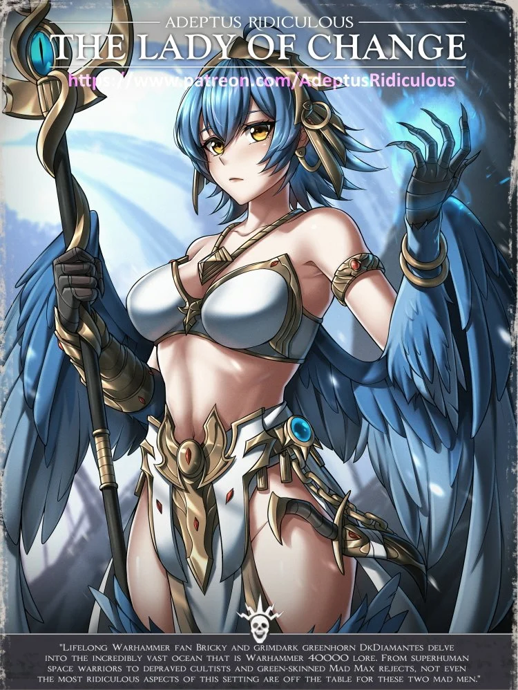 adeptus_ridiculus bikini bird_girl bird_humanoid blue_hair chaos_(warhammer) cleavage english_text large_breasts lord_of_change orange_eyes poster sorceress staff tagme text warhammer_(franchise) warhammer_40k wings