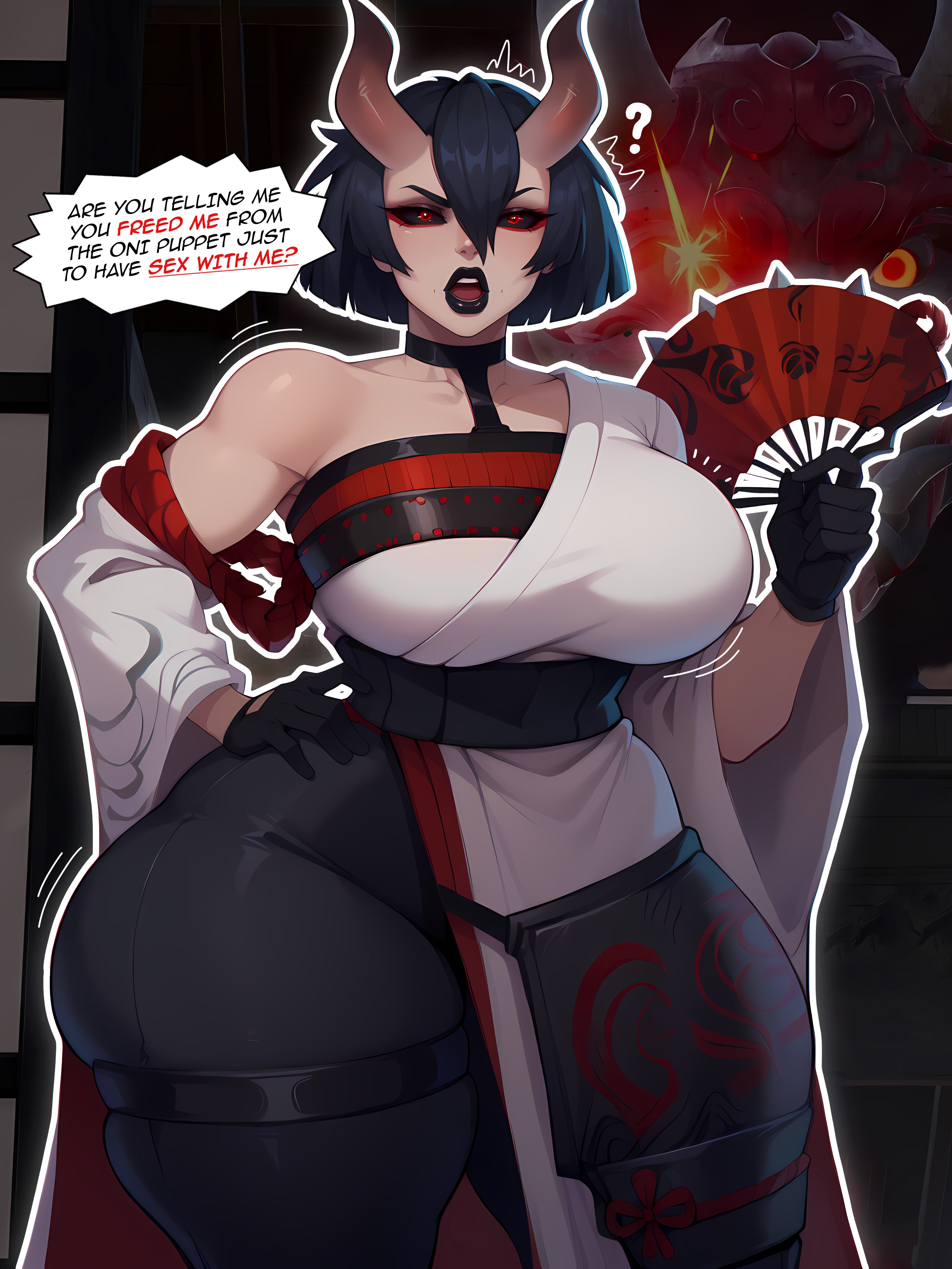 1girls, ai generated, big breasts, black eyes, black hair, black lipstick, breasts, fan, female, female only, fortnite, horns, memch0, night rose, oni female, oni horns, pale-skinned female, short hair, text, thick thighs, wide hips