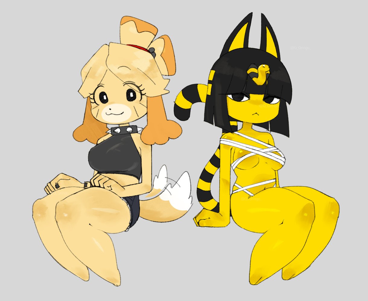 2girls :< :3 animal animal_crossing animal_ears animal_nose ankha anthro bandages bangs bare_shoulders barefoot black_eyes black_hair black_nails black_shirt black_shorts blonde_hair blunt_bangs blunt_ends blush bob_cut body_fur bracelet breasts bright_pupils canine canine canis cat_ears cat_girl cat_tail closed_mouth clothing collar colored_skin crop_top denim_shorts dog_ears dog_girl dog_tail doubutsu_no_mori egyptian facial_mark feet female female fur furry furry_female hair hair_ornament happy invisible_chair isabelle_(animal_crossing) jewelry large_breasts legs_together long_hair looking_at_viewer mammal medium_breasts medium_hair midriff multiple_girls nail_polish naked_bandage navel nile_(doubutsu_no_mori) q_qringo sarashi shih_tzu shiny_hair shirt shizue_(doubutsu_no_mori) short_hair short_shorts shorts sitting sleeveless sleeveless_shirt smile snake_hair_ornament solo spiked_collar spikes striped_tail tail tail_wagging thick_thighs thighs topknot toy_dog white_pupils yellow_body yellow_fur yellow_skin