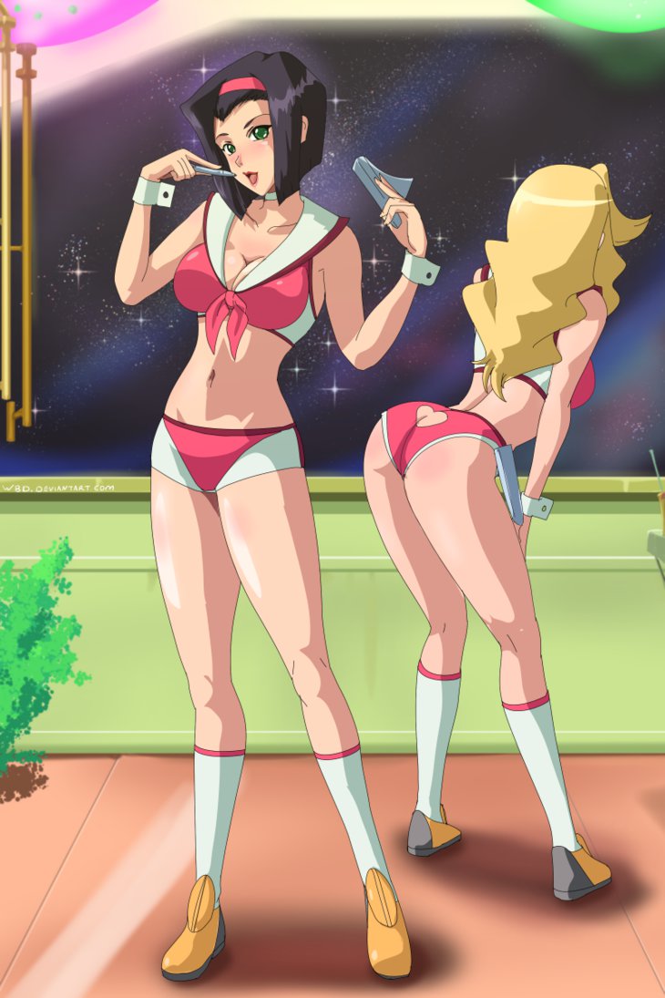 2girls ass breasts clothed cowboy_bebop crossover faye_valentine female hairband honey_(space_dandy) human large_breasts pale-skinned_female pale_skin purple_hair short_hair space_dandy