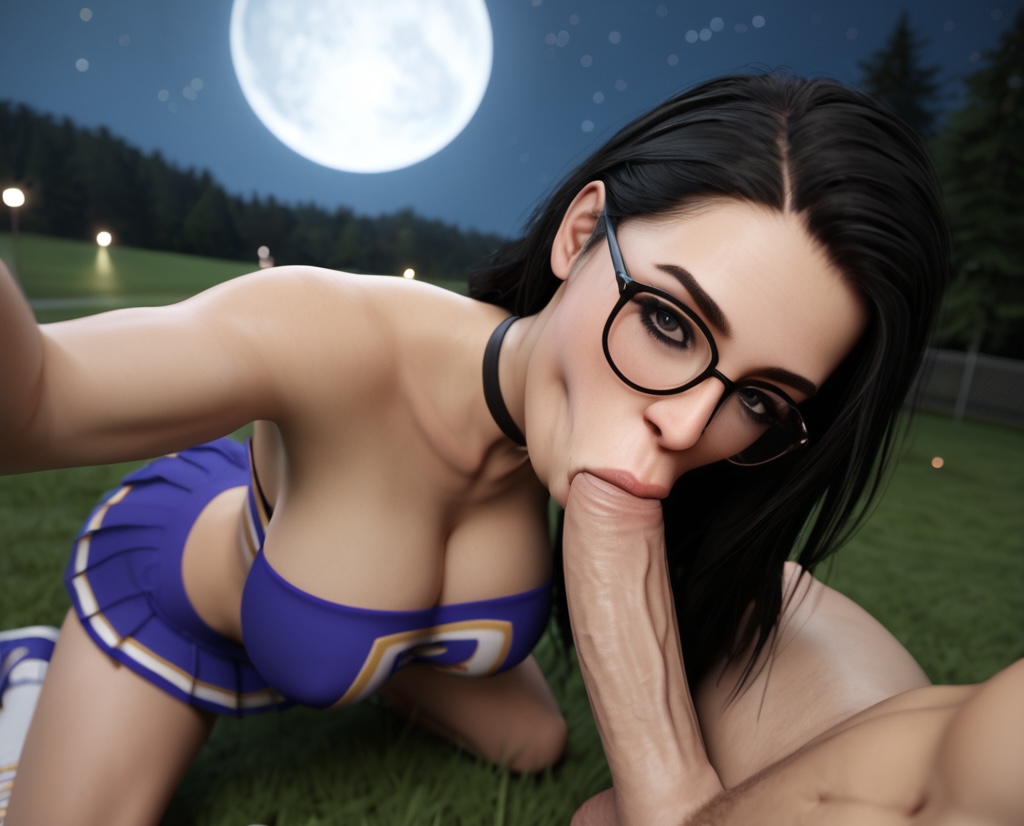 1boy 1girls 3d 3d_(artwork) ai_generated big_breasts big_penis black_hair blowjob cheerleader cheerleader_uniform choker cleavage crop_top erect_penis fellatio glasses huge_cock large_breasts large_penis lauren(oc) oral oral_sex pleated_skirt radnsad short_skirt sucking sucking_penis thick_thighs tubetop