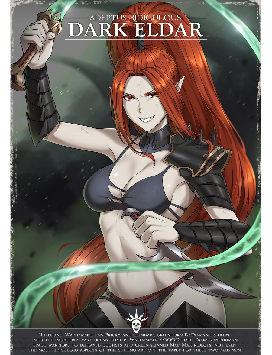 1girls adeptus_ridiculus bikini cleavage dark_eldar eldar english_text female female_only knife large_breasts long_hair poster red_eyes red_hair solo solo_female tagme text warhammer_(franchise) warhammer_40k whip