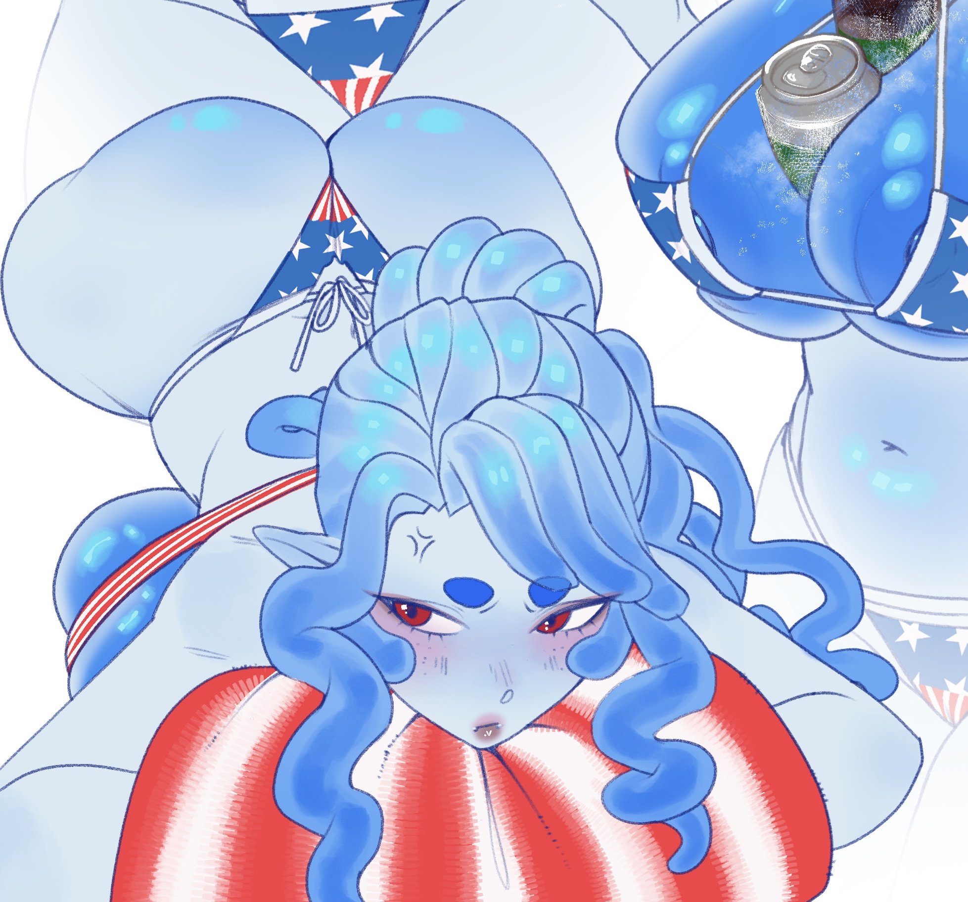 1girls, 2025, 2d (artwork), 4th of july, abel (x e11e), alcohol, alcoholic drink, alternate hair color, american flag, american flag bikini, angry, angry expression, angry face, ass, beer, beer can, big ass, big breasts, bikini, blue body, blue hair, blue nipples, blue skin, boob squish, breasts, cooler, female, fourth of july, freckles, freckles on face, high resolution, huge areolae, huge ass, huge breasts, ice, large areolae, large ass, large breasts, laying, laying down, lipstick, monster, monster girl, nipple peek, nipple slip, nipples, original, original character, ponytail, red eyes, slime, slime girl, slime monster, solo female, solo focus, squish, x e11e