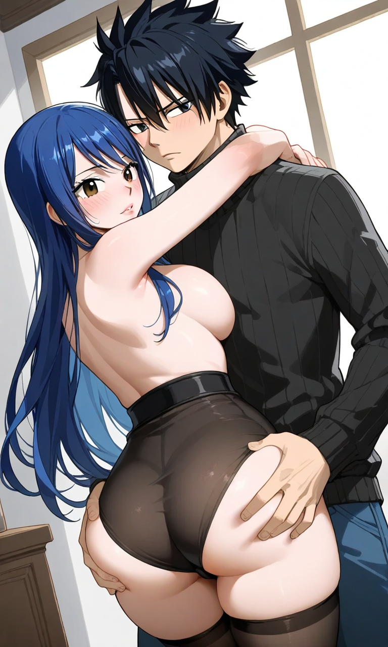 1boy 1girls ai_generated alternate_breast_size black_hair blue_hair fairy_tail female gray_fullbuster male wendy_marvell