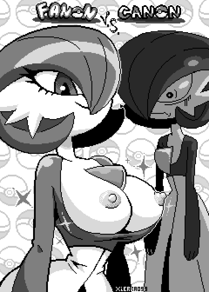 2girls big_breasts breasts breasts_out breasts_out_of_clothes canon fanon_vs_canon female female_focus female_gardevoir female_only gardevoir jealous jealous_female monochrome nipples no_breasts pixel_(artwork) pixel_art pixelated pokemon pokemon_(species) pokemon_rse showing_breasts showing_off xierra099