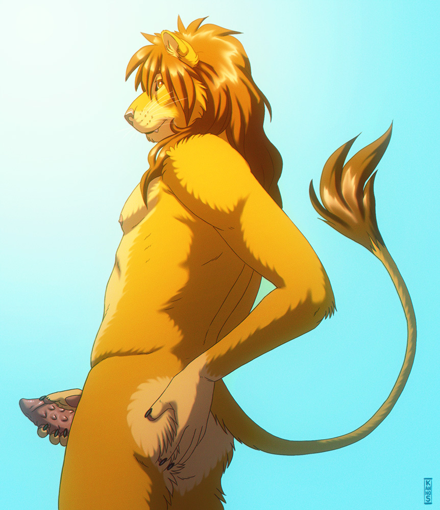 1boy 2014 anthro ass claws erection feline fur hair hand_on_ass holding_penis kannos lion long_hair looking_at_viewer male male_only mammal muscles nipples nude pawpads paws pecs penis sharp_teeth solo standing teeth whiskers