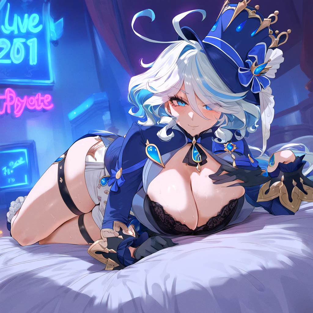 1girls ai_generated big_breasts blue_eyes breasts female female_focus furina_(genshin_impact) genshin_impact hat huge_breasts large_breasts looking_at_viewer nipple_bulge thick_thighs thighs white_hair