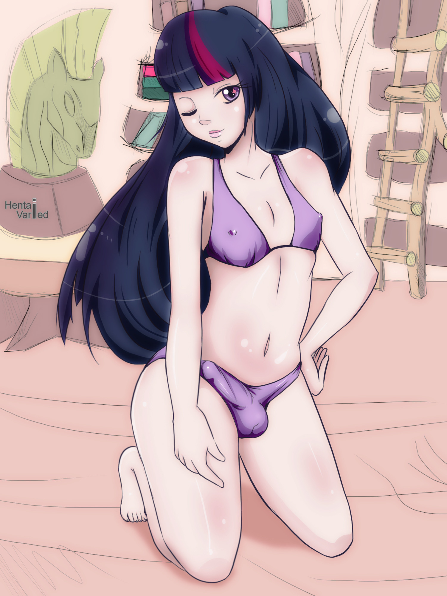 1futa, bikini, bulge, cameltail, erect nipples, friendship is magic, futa only, futanari, futatwi, hentai-varied, humanized, intersex, my little pony, nipples, solo, twilight sparkle (mlp), wink