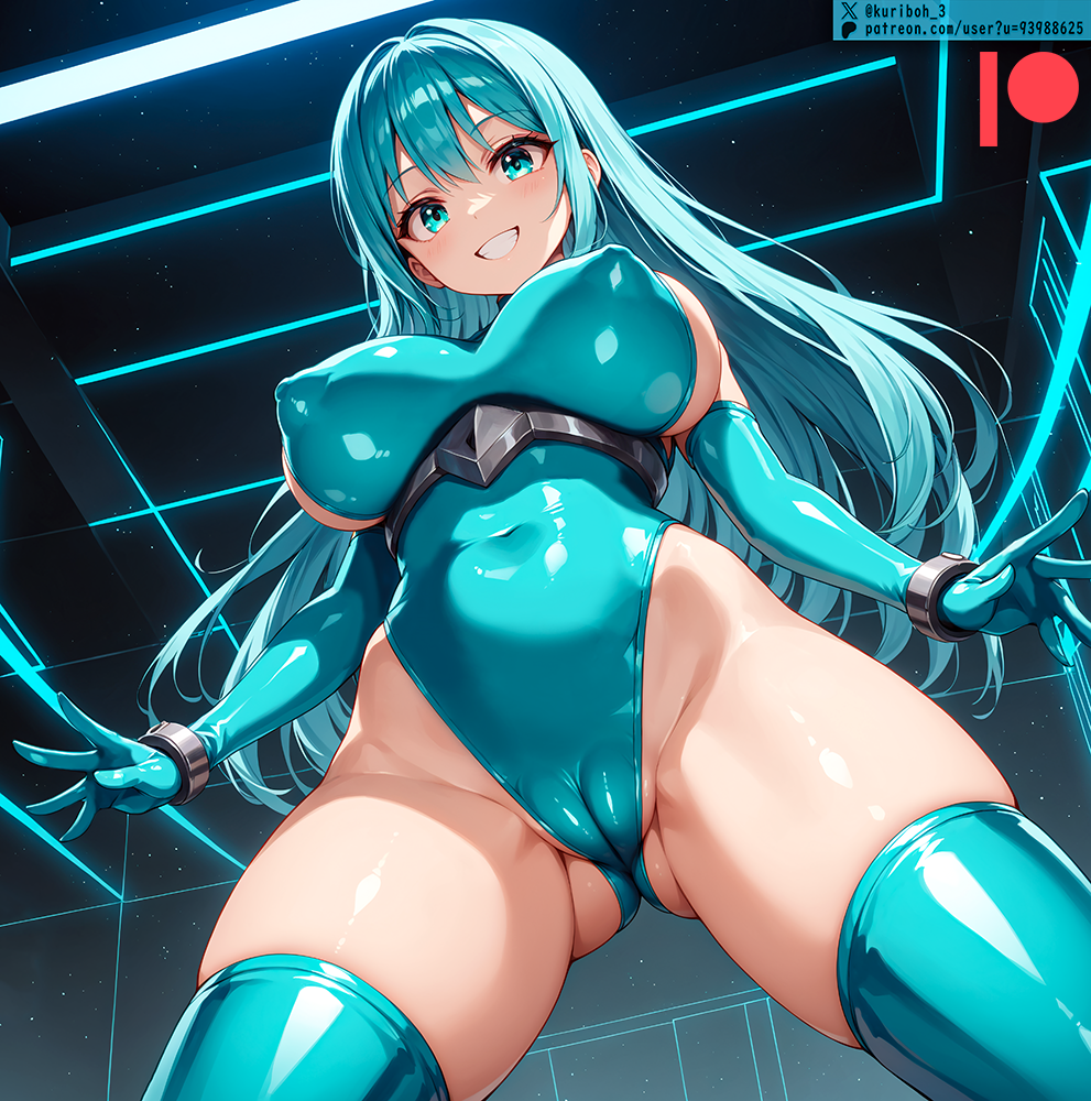 ai_generated bodysuit breasts female kuriboh_ex_(artist) latex latex_clothing latex_suit oppai rubber rubber_clothing rubber_suit skin_tight turquoise_eyes turquoise_hair