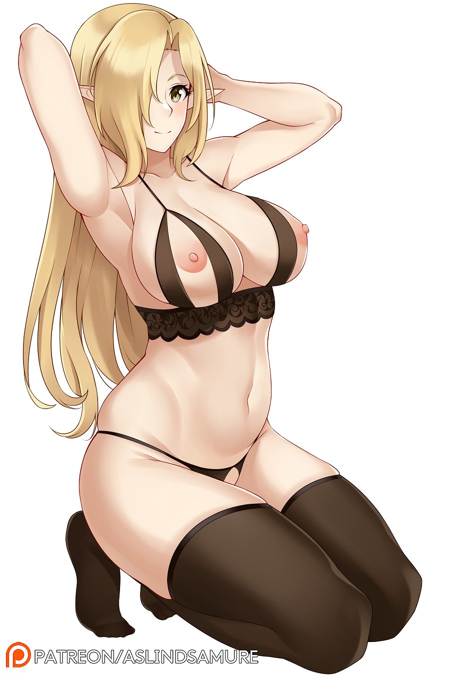 1girls, areolae, armpits, arms behind head, artist name, aslindsamure, black bra, black legwear, black panties, blonde hair, bra, breasts, crotchless panties, cupless bra, elf, female, hair over one eye, highres, lingerie, long hair, looking at viewer, navel, nippleless bra, nippleless clothes, nipples, original, panties, patreon logo, pointy ears, seiza, sitting, skindentation, smile, solo, thighhighs, underwear, underwear only, white background, yellow eyes