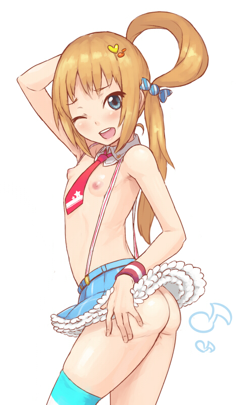 arm_up ass blonde_hair blue_eyes blush chiwino female flat_chest fukuhara_ann long_hair nipples one_eye_closed open_mouth pretty_rhythm pretty_rhythm_rainbow_live side_ponytail skirt smile solo suspenders topless wristband