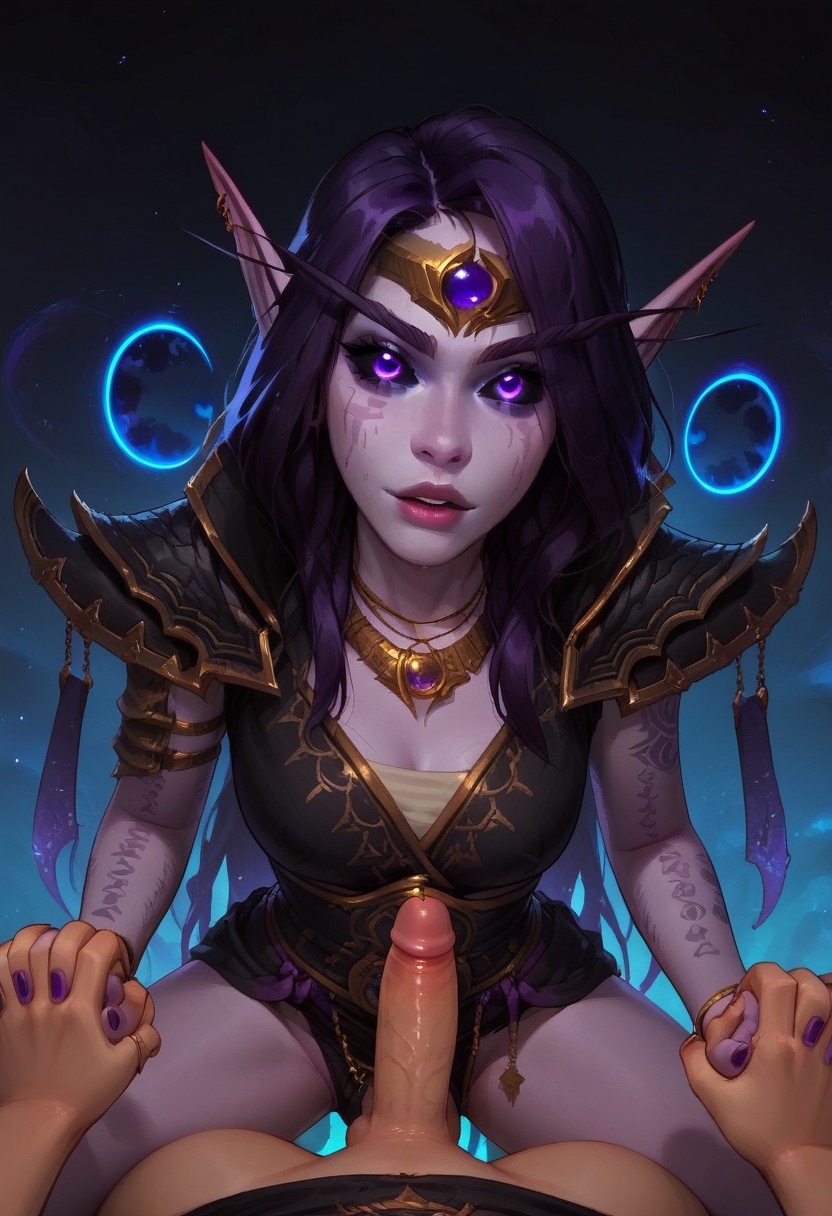 ai_generated black_sclera blindparty civitai elf lingerie nudity penis purple_background purple_eyes purple_hair purple_skin tattoos void void_elf xal'atath