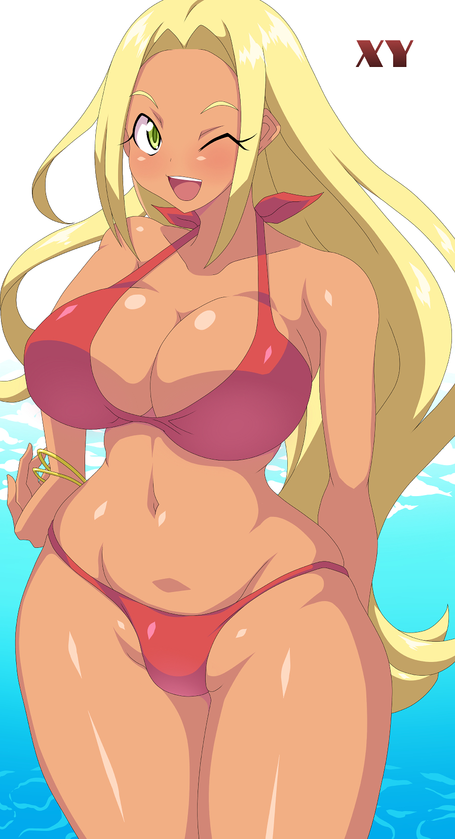 alternate_breast_size bikini blonde_hair breasts creatures_(company) curvy dark_skin female game_freak green_eyes highres jewelry kihaiu large_breasts long_hair looking_at_viewer midriff navel nintendo one_eye_closed open_mouth pokemon pokemon_xy red_bikini shiny_skin smile solo swimmer_(pokemon) swimsuit thick_thighs thighs thong thong_bikini very_long_hair wink