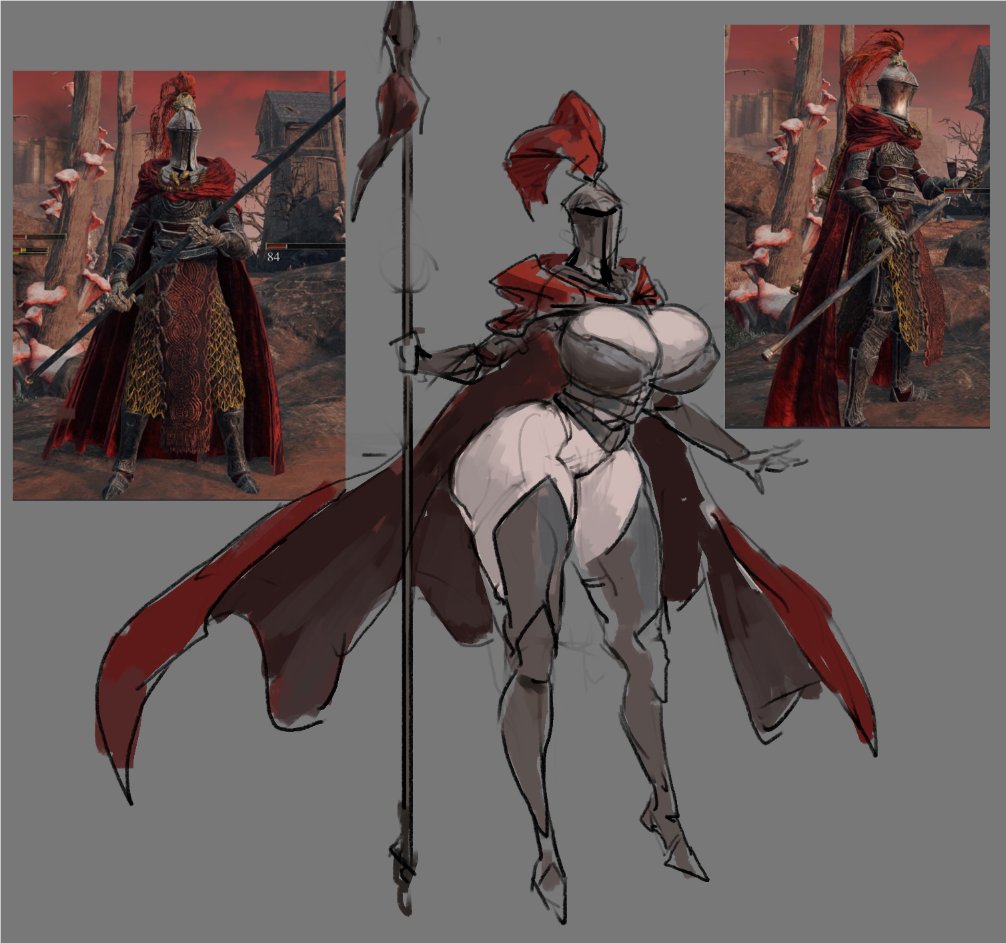 69_(artist) armor big_ass big_breasts busty cleavage elden_ring female female_only fromsoftware marshviolet8 redmane_knight reference_image tarnished thick_thighs