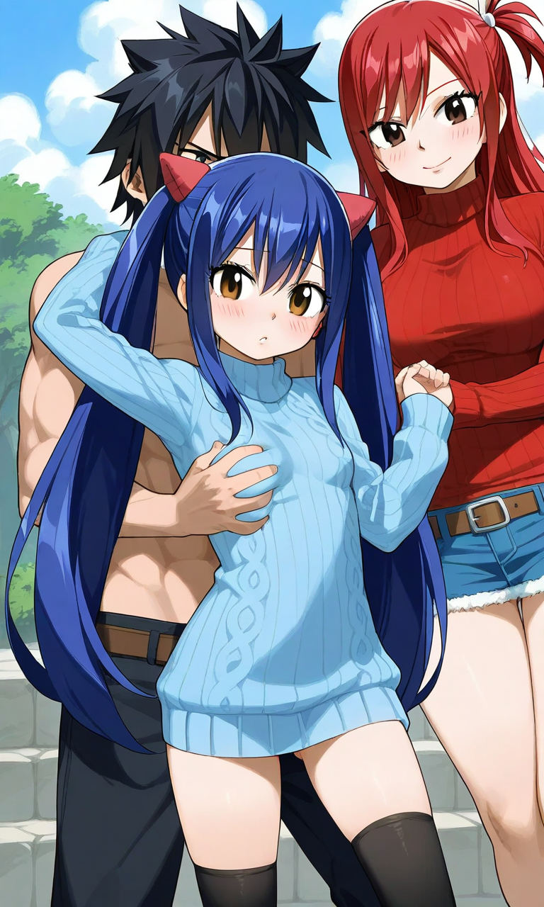 ai_generated clothed erza_scarlet fairy_tail gray_fullbuster petite_female wendy_marvell