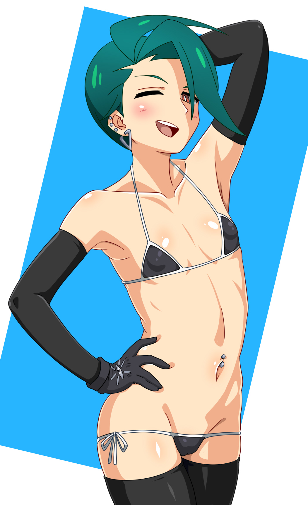 1girls, alternate version available, armwear, belly, belly button, belly piercing, bikini, bikini bottom, bikini top, black bikini, black gloves, black thighhighs, bottomwear, brown eyes, ear piercing, earrings, elbow gloves, female, female only, flat chest, flat chested, game freak, gloves, green hair, hair, hand behind head, hand on hip, hips, kani club, legwear, looking at viewer, one eye closed, piercing, piercings, pokemon, pokemon sv, rika (pokemon), simple background, smile, solo, solo female, thighhighs, thighs, tomboy, topwear, true flat chest, wink