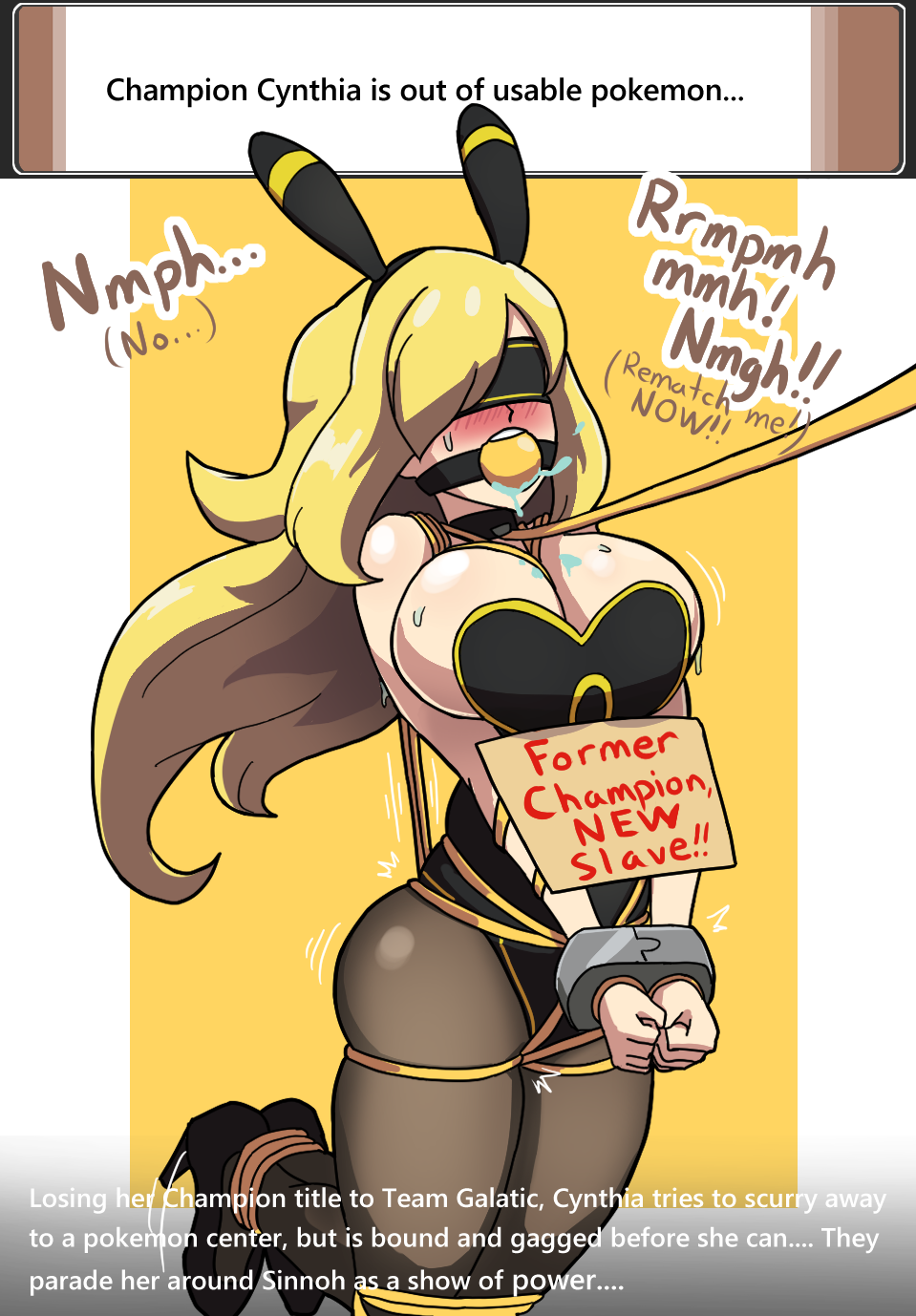 alternate_breast_size alternate_costume angry arms_in_front ashamedox bad_end ball_gag blindfold blonde_hair blush bondage bound bound_ankles bound_legs bound_wrists bunny_ears bunny_girl bunnysuit captured collar comic comic_page crotch_rope cuff_(restraint) cuffs cynthia_(pokemon) defeated drool drool_on_breasts drooling gagged gagged_speech game_freak game_mechanics hair_over_one_eye heels high_heels hopping humiliation leash leash_pull long_hair looking_at_viewer nintendo pokemon pokemon_dppt restrained rope rope_bondage sign simple_background simple_shading sweat sweatdrop team_galactic tied_up yellow_ball_gag