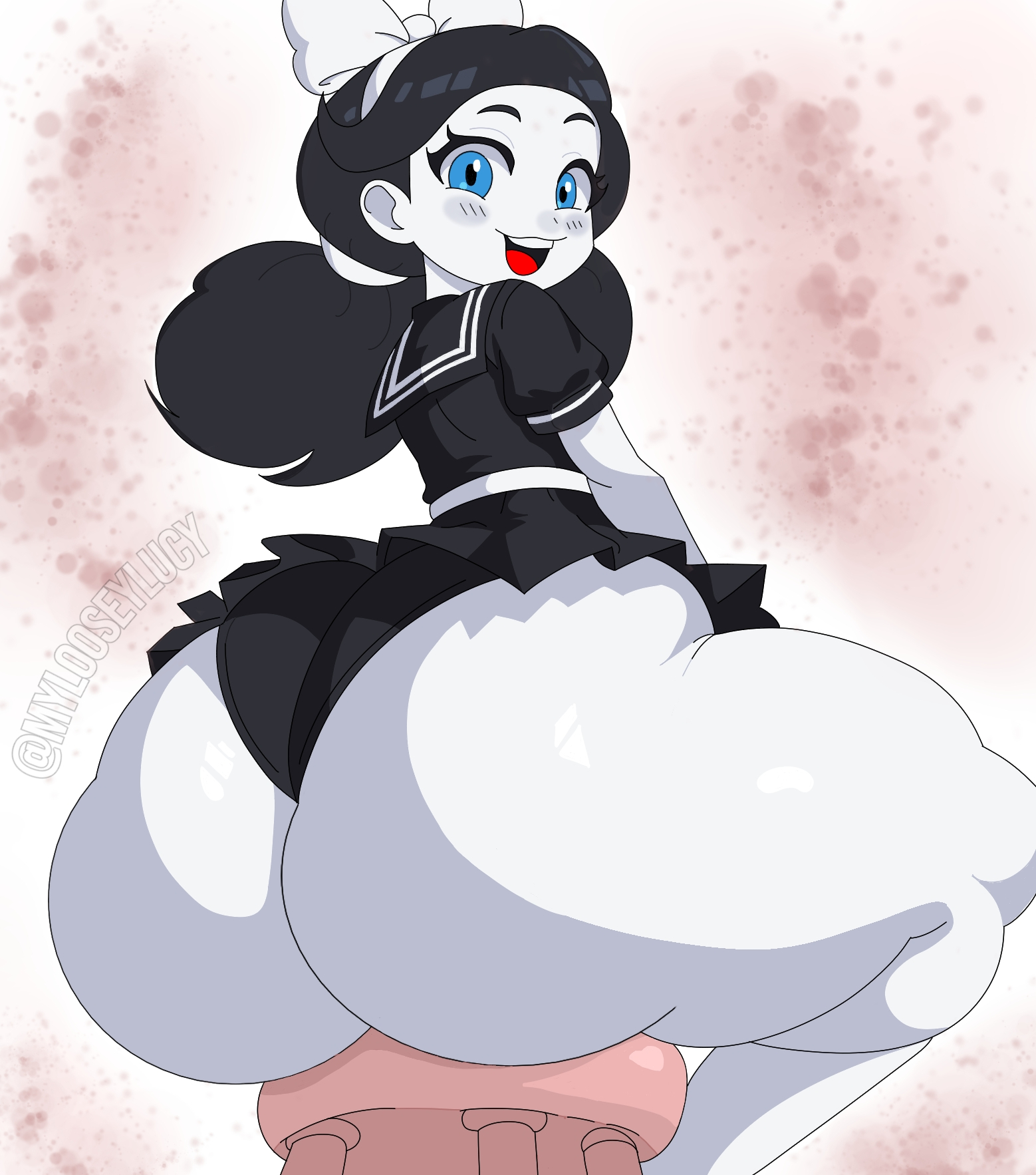 ann (sliph77), ass, ass bigger than body, ass bigger than head, ass bigger than torso, ass body, ass focus, ass too big, big hipped, big hips, black hair, black panties, black school uniform, black skirt, blue eyes, blush, bottom heavy, bottomless, bottomless female, bubble ass, bubble butt, chair, child bearing hips, close-up, clothed, clothes, commission, commission art, cute, dynamic angle, enjoying, exaggerated anatomy, fat ass, fat butt, female, female focus, female only, from behind, from behind angle, from behind view, from below, from below view, gigantic ass, gigantic butt, gigantic hips, gigantic thighs, happy, heavenly ass, heavy ass, hips wider than shoulders, hyper ass, hyper butt, hyper hips, innocent, large ass, large bow, light skin, light-skinned female, looking at viewer, looking back, lower body focus, massive ass, mylooseylucy, narrow waist, pale skin, pale-skinned female, panties, pleased, plump, plump ass, plump butt, plump thighs, schoolgirl, schoolgirl uniform, seated, short sleeves, shortstack, sitting, skinny waist, skirt, sliph77, small panties, small skirt, small waist, smaller female, socks, solo, stool, thick thighs, thighhighs, thighs, tight clothes, tight clothing, tight panties, tight skirt, tiny waist, voluptuous, voluptuous female, white hairband, white skin, white socks, younger female