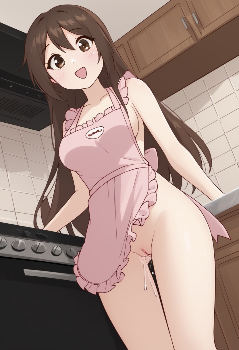 ai_generated apron brown_eyes brown_hair dutch_angle emirichu kitchen looking_at_viewer looking_down looking_down_at_viewer naked_apron oven pink_apron pussy pussy_juice pussy_juice_drip tagme youtube youtuber