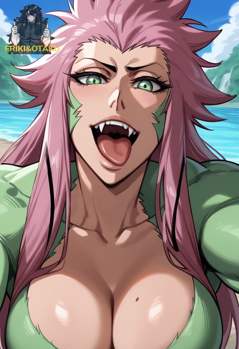 ai_generated bleach friki8otaku green_eyes huge_breasts pink_hair selfie zabimaru zabimaru_(monkey)