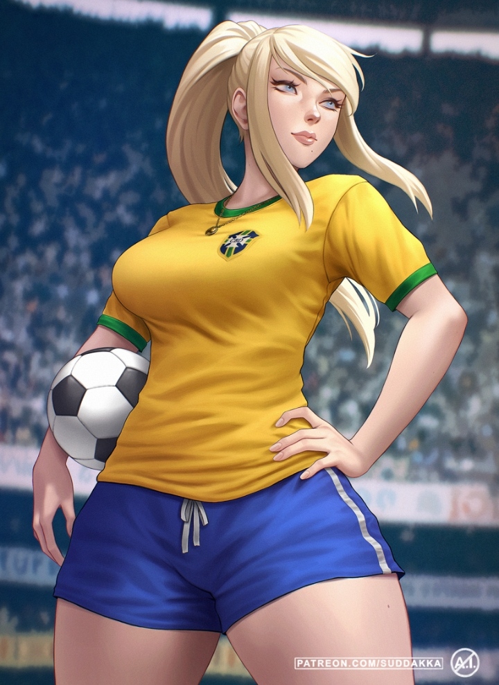 1girls 2024 ball blonde_female blonde_hair blue_clothing blue_shorts brazil brazilian cbf_logo clothed clothed_female fanart female in_public long_hair metroid metroid_dread metroid_fusion metroid_prime nintendo pale-skinned_female pale_skin patreon_username ponytail public samus_aran shirt shorts soccer soccer_ball soccer_uniform stadium stadium_background suddakka t-shirt video_game_character video_games yellow_clothing yellow_shirt