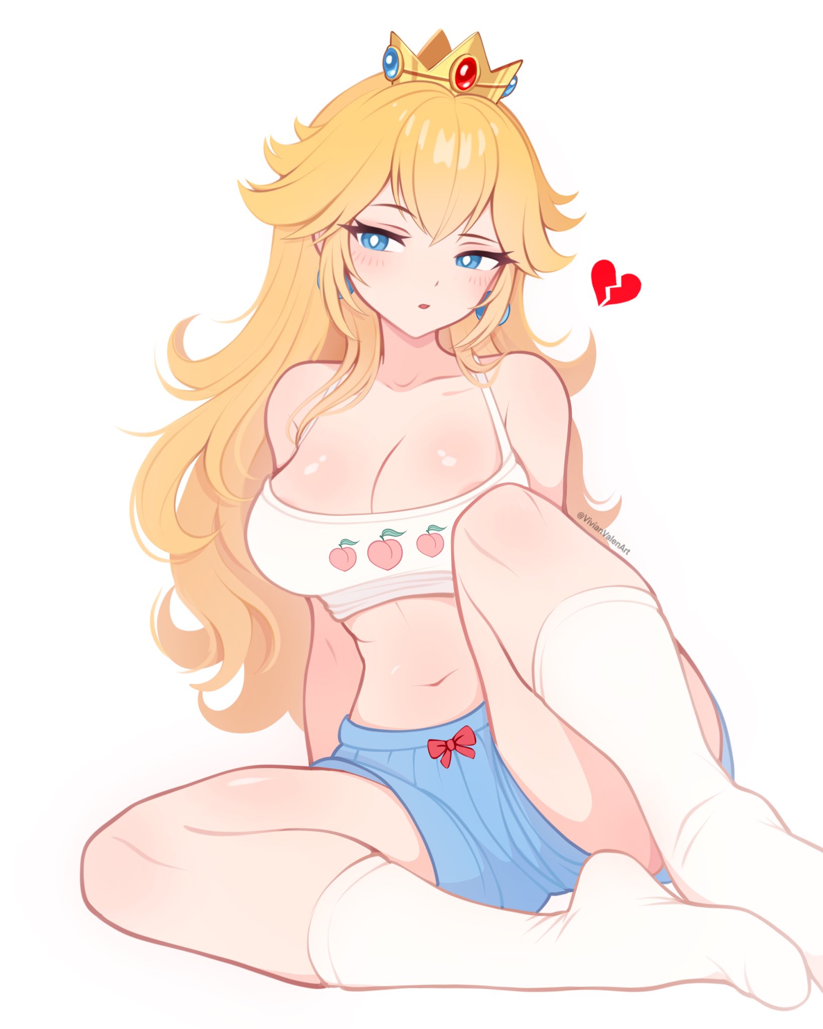 1girls, blonde hair, breasts, crown, female, large breasts, light skin, looking away from viewer, mario (series), nintendo, princess peach, solo, solo female, source request, tagme, tank top, vivianvalenart