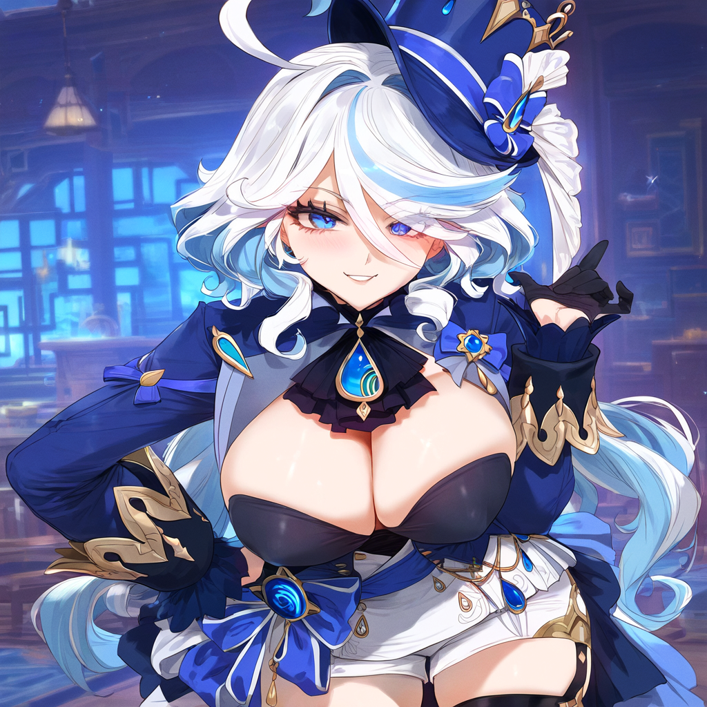 1girls ai_generated big_breasts blue_eyes breasts female female_focus furina_(genshin_impact) genshin_impact hat huge_breasts large_breasts looking_at_viewer nipple_bulge thick_thighs thighs white_hair