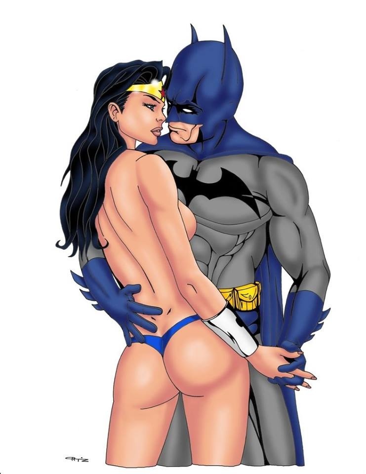 1boy 1girls ass batman batman_(series) black_hair blue_eyes bracelet bracelets breasts bruce_wayne color colored dark_hair dc_comics diana_prince eso2001 female holding_hands justice_league long_hair male nude plain_background round_ears sideboob thong tiara topless underwear white_background wonder_woman wonder_woman_(series)