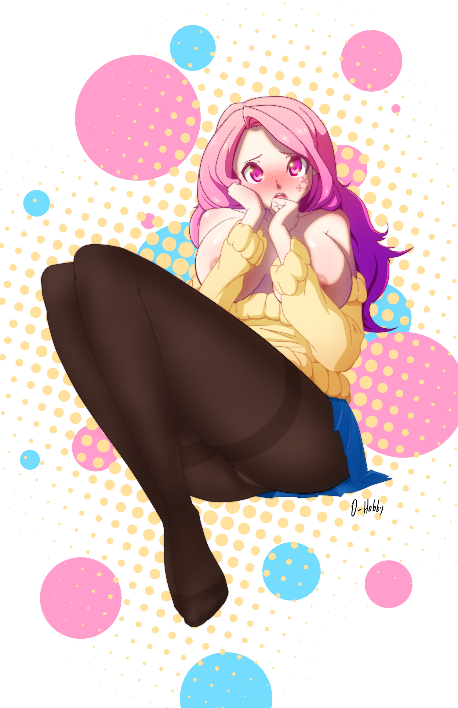 abstract background, bare shoulders, blush, breasts, embarrassed, facial mark, female, fluttershy (mlp), friendship is magic, hair on head, highres, human, humanized, large breasts, long hair, looking at viewer, my little pony, nipples, open mouth, oppaihobby, pantyhose, personification, pink eyes, pink hair, skirt, solo, sweater, sweater pull, thighband pantyhose