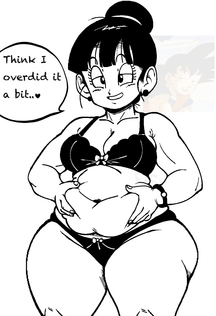 1boy 1boy1girl 2024 alternate_body_type alternate_breast_size asian asian_female barely_visible_character bbw bbw_mom belly belly_fetish belly_focus belly_folds black_bra black_hair chichi chubby chubby_female chubby_milf dragon_ball funny funny_face goku grabbing_own_belly husband_and_wife kuma_(artist) large_ass love_handles middle_aged milf mother plump plump_belly plump_thighs sideshow_circus sideshowcircus simple_background tasteful_nudity text text_bubble thick_legs thick_thighs thick_thighs_save_lives thunder_thighs thunderthighs twitter_link underwear white_background