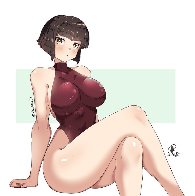 1girls artist_signature bangs bare_legs blush brown_eyes crossed_legs cute_face hourglass_figure jk_arts07 large_breasts looking_at_viewer nabiki_tendo one-piece_swimsuit ranma_1/2 short_hair simple_background sitting solo_female thick_thighs white_background wide_hips