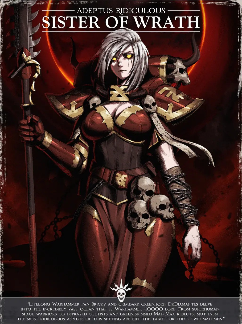 adeptus_ridiculus armor armored_female chaos_(warhammer) corrupted corruption english_text khorne khorne_mark loincloth poster short_hair sister_of_battle skulls tagme text warhammer_(franchise) warhammer_40k white_hair yellow_eyes