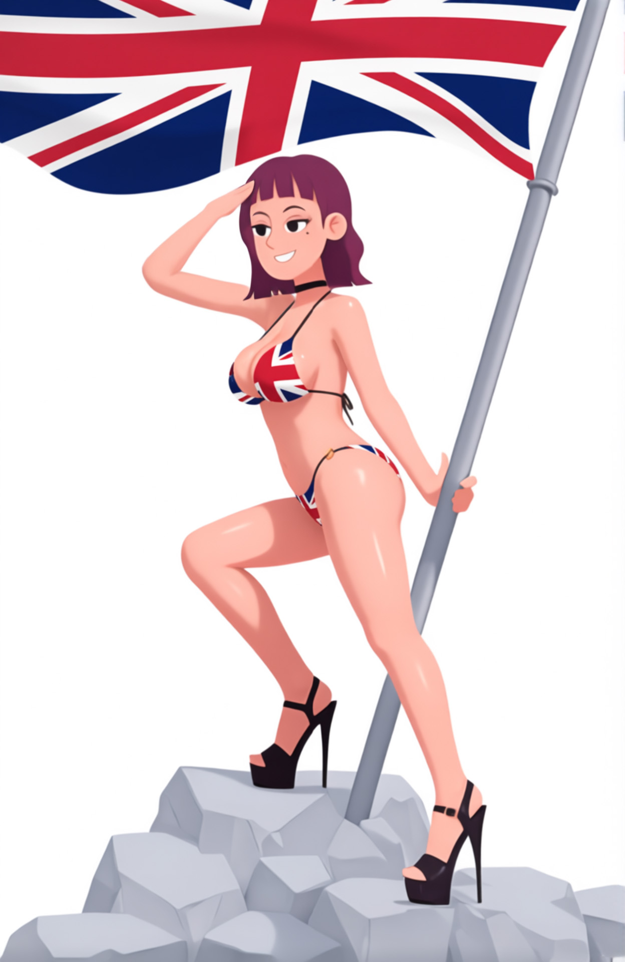 1girl, ai generated, amelia (pathways), bikini, female, high heels, mole under eye, pathways (game), platform heels, rock, thong, uk flag, uk flag bikini, union jack, union jack bikini