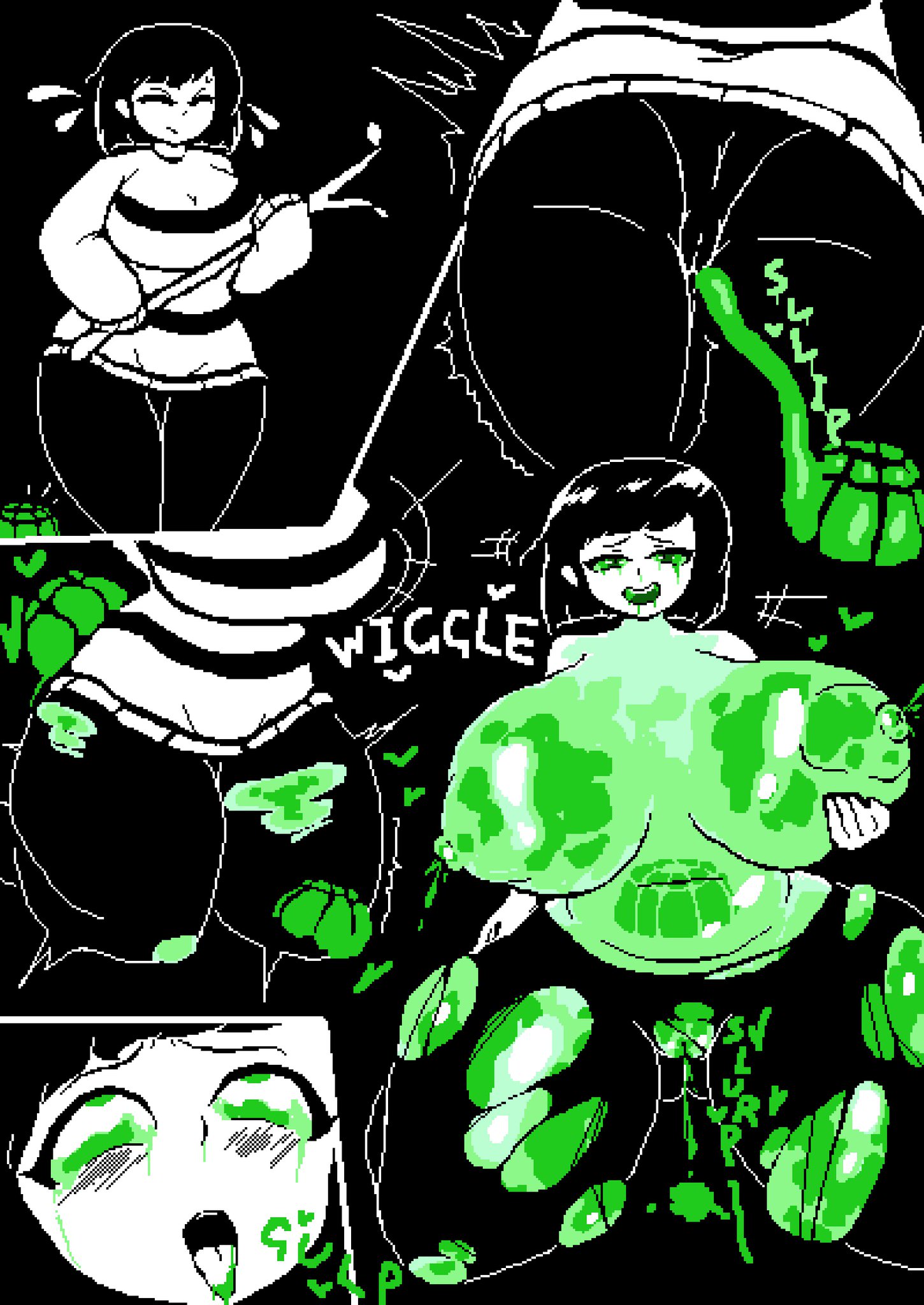 1gonth, ahe gao, big ass, big breasts, blush lines, blushing, breasts, breasts bigger than head, comic, female, female frisk, frisk, frisk (undertale), green eyes, moldsmal, mr1ngonth, pixel art, possession, pussy, slime, stick, striped clothing, thick thighs, undertale