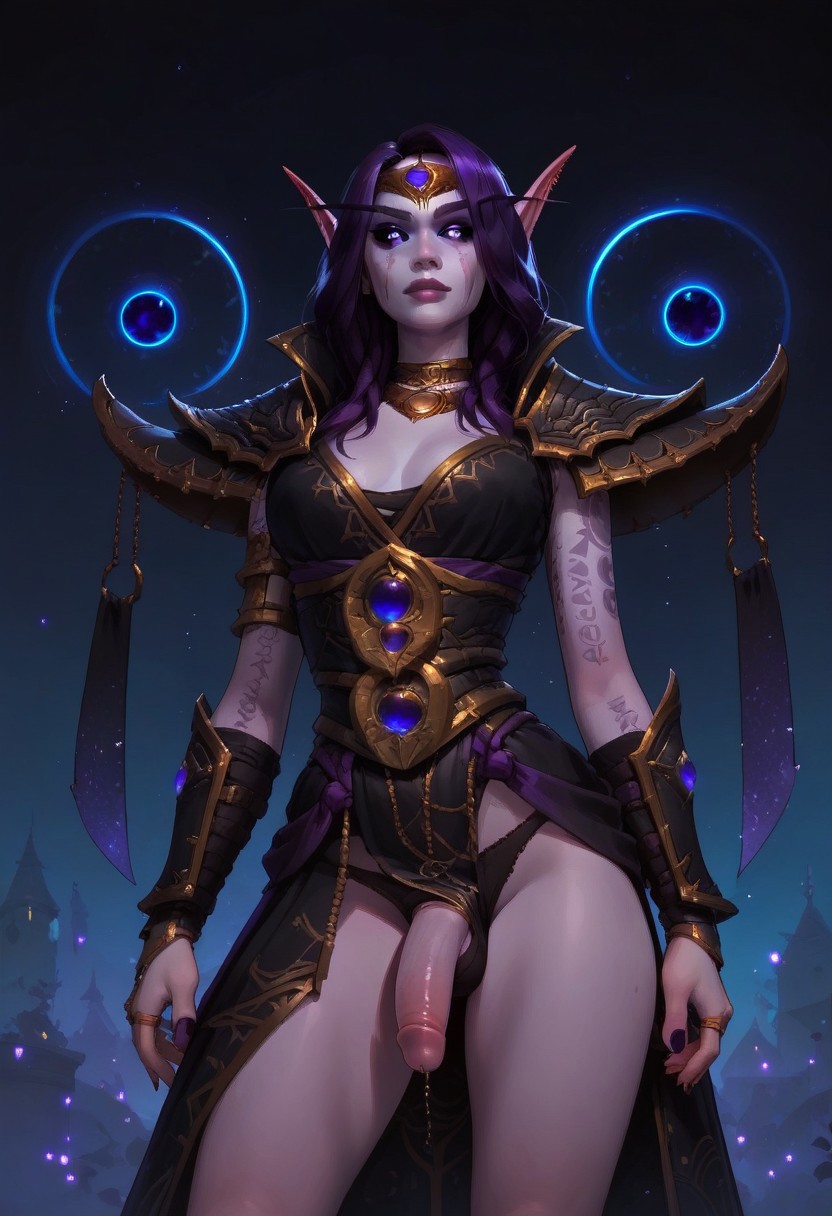 ai_generated black_sclera blindparty civitai elf_futanari futanari lingerie nudity penis purple_background purple_eyes purple_hair purple_skin solo solo_futa tattoos void void_elf xal'atath