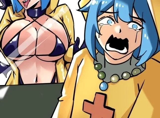 2girls big_breasts bikini blue_eyes blue_hair breast_focus breasts_against_glass clothing female human luce_(vatican) neckwear outerwear pale_skin rosary