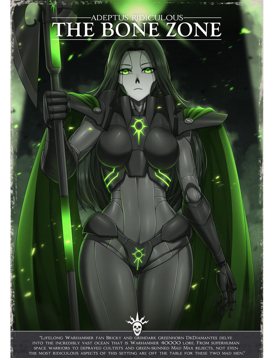 adeptus_ridiculus black_hair cape cyborg english_text green_eyes large_breasts long_hair necron panties poster robot robot_girl sorceress staff stoic tagme text warhammer_(franchise) warhammer_40k