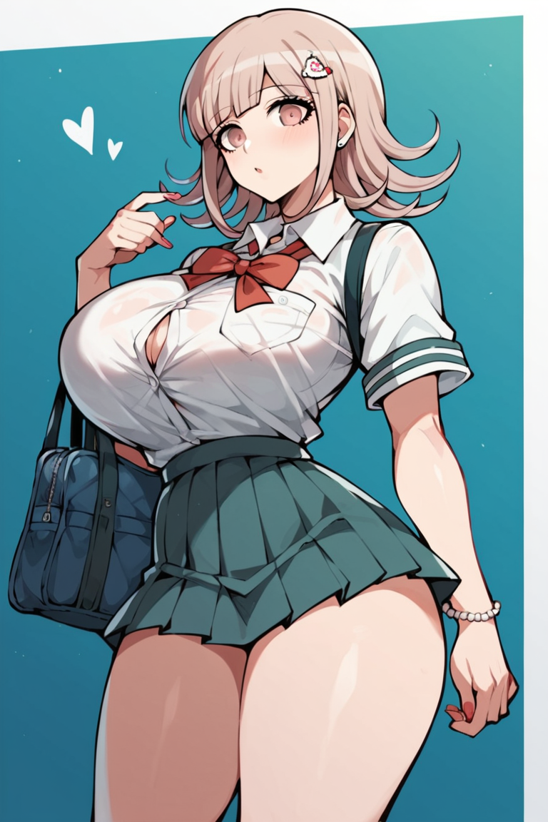 1girls ai_generated danganronpa danganronpa_2:_goodbye_despair huge_ass huge_breasts nanami_chiaki pink_eyes pink_hair school_uniform simple_background tagme voluptuous