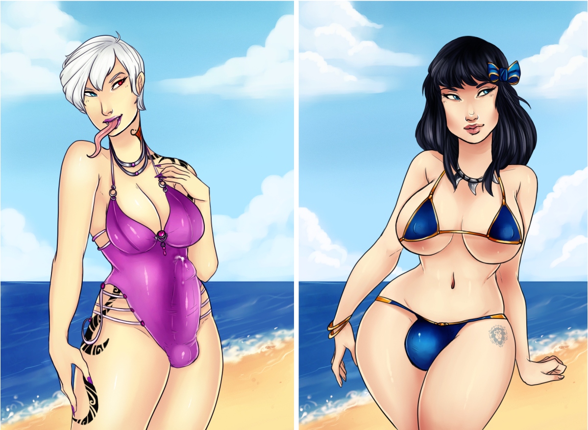 2futas, balls, balls in panties, beach, bikini, black hair, blue eyes, bracelet, breasts, bulge, cameltail, character request, cleavage, cum, cum through clothes, curvy, dwenda, ell (superguest), erection, erection under clothes, fangs, futa vampire, futa with futa, futanari, heterochromia, intersex, large balls, large breasts, large penis, long hair, long tongue, nail polish, navel, necklace, panties, panty bulge, penis, penis in panties, penis under clothes, piercing, precum, red eyes, short hair, silver hair, swimsuit, tattoo, tenting, tongue, tongue out, vampire, white hair
