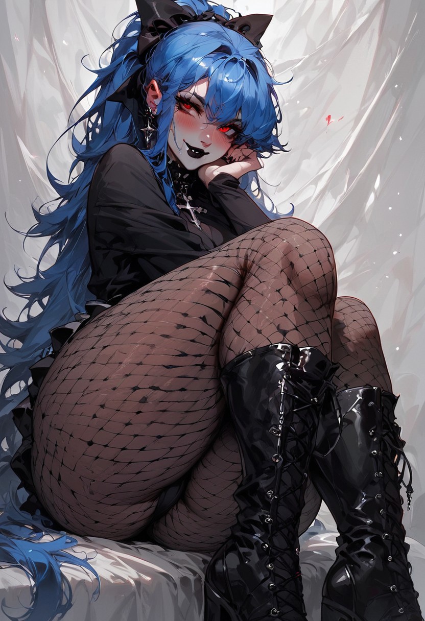 2d ai_generated anime_style ass_focus big_ass big_thighs black_dress black_lips blue_hair earrings fancy_clothing fishnets goth_girl hentai hugoroman looking_at_viewer makeup massive_ass original_character ponytail red_eyes small_breasts small_waist unknown_character vampire vampire_girl