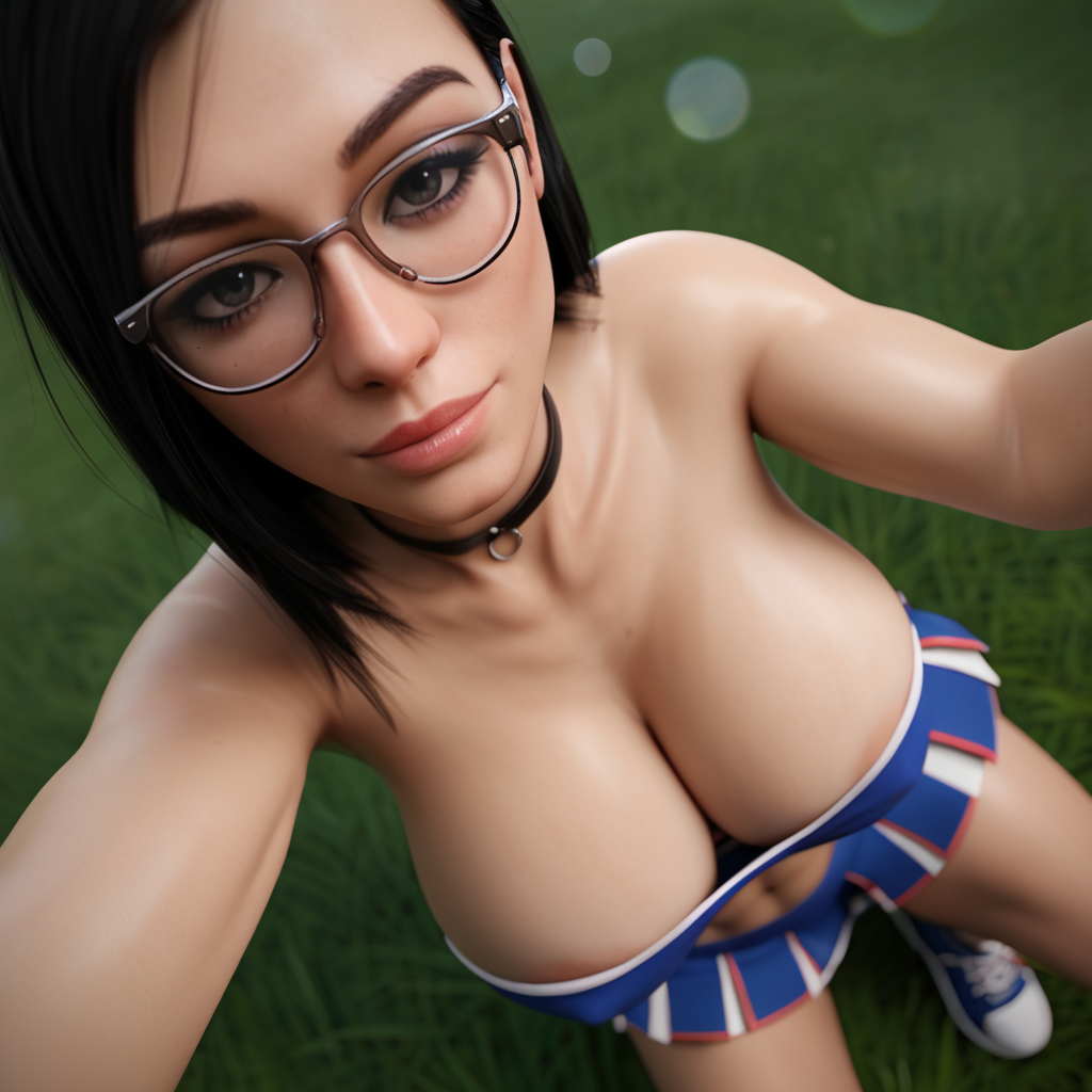 1girls 3d 3d_(artwork) ai_generated big_breasts black_hair cheerleader cheerleader_uniform choker cleavage crop_top glasses large_breasts lauren(oc) pleated_skirt radnsad short_skirt solo solo_female solo_focus thick_thighs tubetop