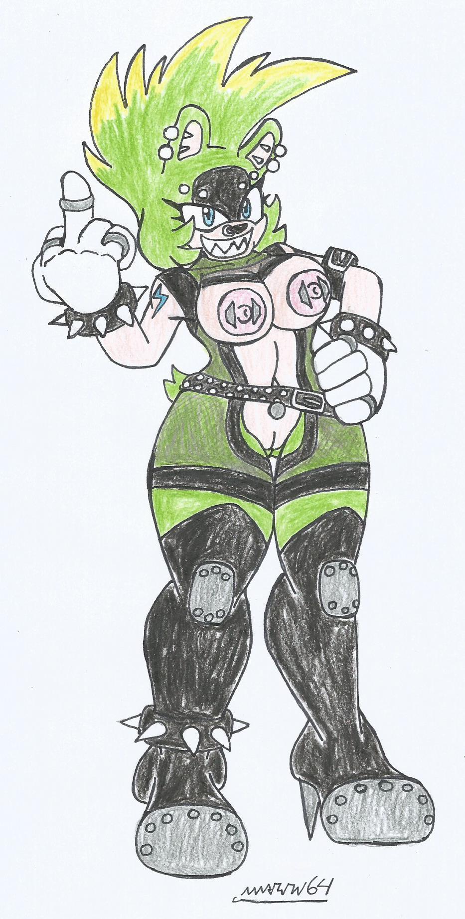 belts big_breasts big_hips black_fur blue_eyes ear_piercing exposed_breasts exposed_pussy exposed_torso eyebrow_piercing green_body green_fur green_hair hair_highlights high_heel_boots long_boots looking_at_viewer marlon64 middle_finger modified_costume naughty_face navel_piercing nose_piercing pierced_nipples punk_girl punk_hair rings solo_female sonic_(series) sonic_the_hedgehog_(idw) spiked_bracelets spiked_hair surge_the_tenrec tattoo_on_arm traditional_drawing_(artwork) white_background