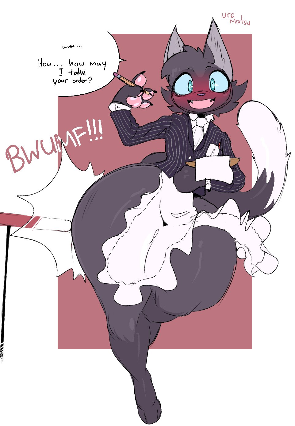 anthro black_body black_fur blush comet_(wolfywave) felid feline felis femboy fur hi_res hyper_ass male mammal onomatopoeia solo sound_effects tagme text thick_thighs uromatsu waiter wide_hips