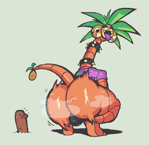 :3 alolan_exeggutor ass ass_focus berryofmalice big_ass big_butt bulge collar diglett exeggutor long_neck looking_at_viewer looking_back looking_back_at_viewer male male_only non-human non-human_only palm_tree pokemon shaking_ass shaking_butt spiked_collar tail tongue tongue_out toony