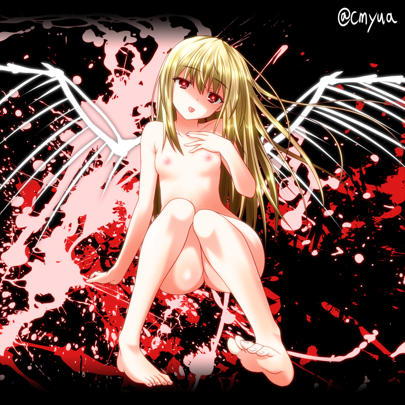 blonde_hair blood blood_splatter collarbone fallen_angel female hand_on_own_chest long_hair nipples nude original red_eyes sitting small_breasts solo tongue tongue_out very_long_hair wings yua_(checkmate)