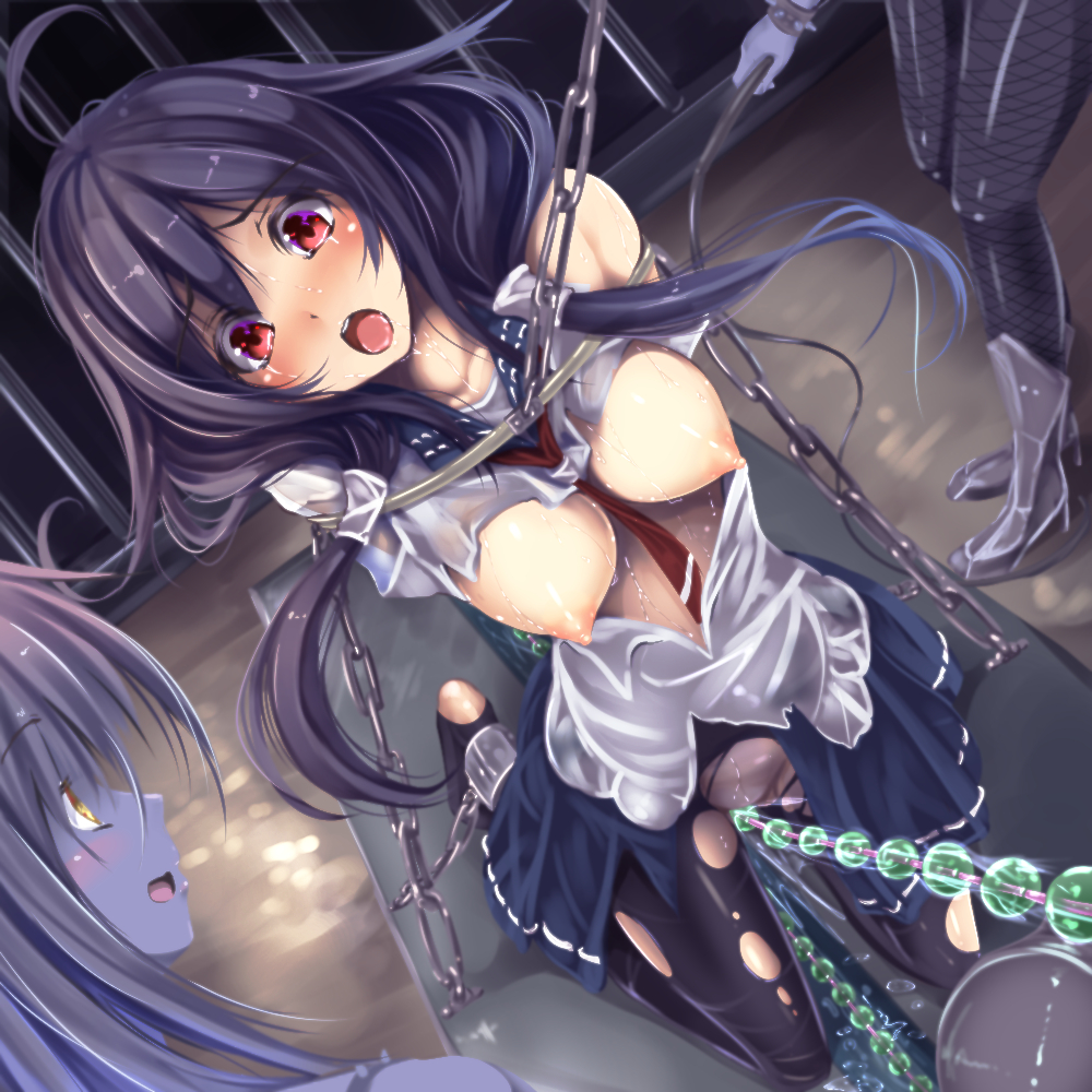 3girls bead_sex_machine beads black_hair bondage breasts chains dungeon kantai_collection long_hair monikano multiple_girls nipples pantyhose prison red_eyes school_uniform serafuku shinkaisei-kan solo_focus taigei_(kantai_collection) torn_clothes torn_pantyhose yellow_eyes