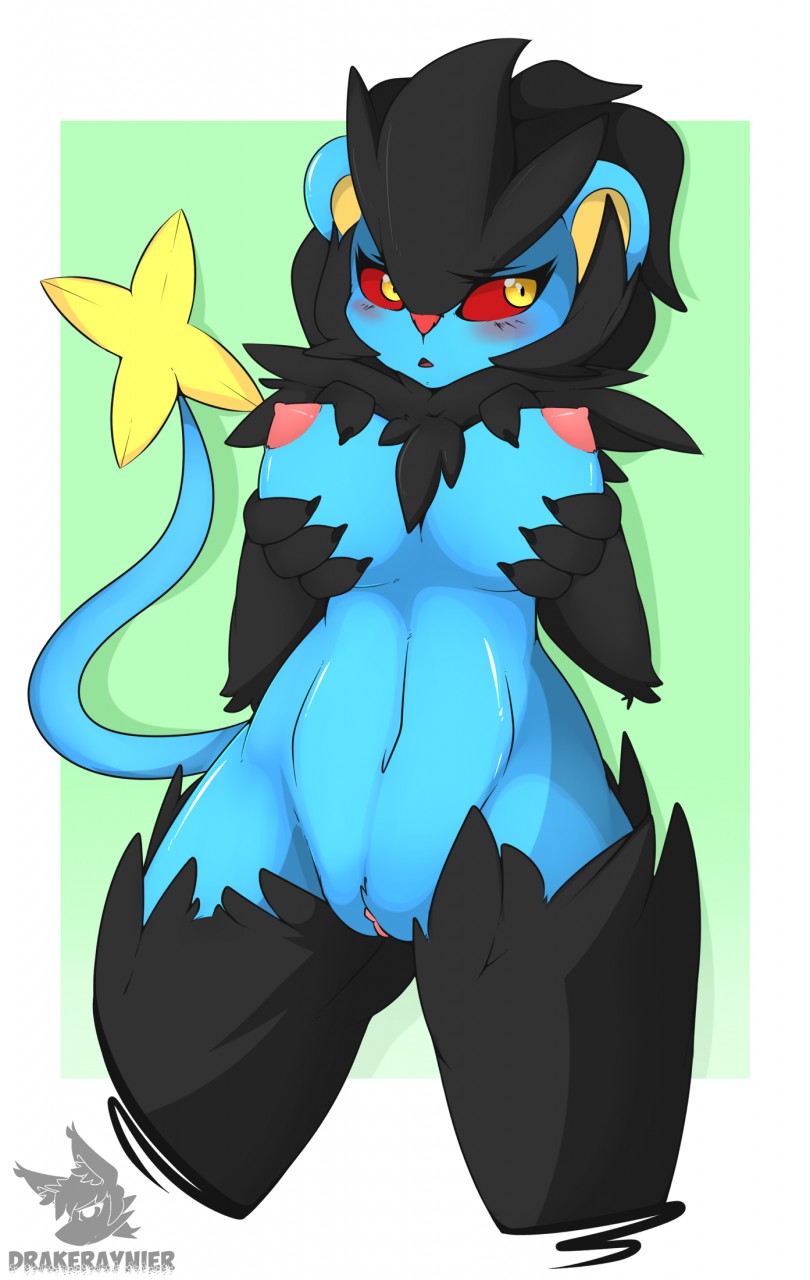 2014 anthro anthrofied blush breasts claws drakeraynier feline female fur hand_on_breasts hand_on_chest hi_res looking_away luxray mammal navel nintendo nipples nude open_mouth pokemon pokemon_(species) pussy round_ears sharp_claws shy solo standing tongue video_games