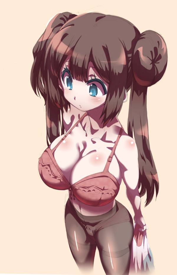 blush, breasts, brown hair, cleavage, female, female only, from above, hair, human, large breasts, pantyhose, pokemon, rosa (pokemon), solo, tied hair, twintails, underwear