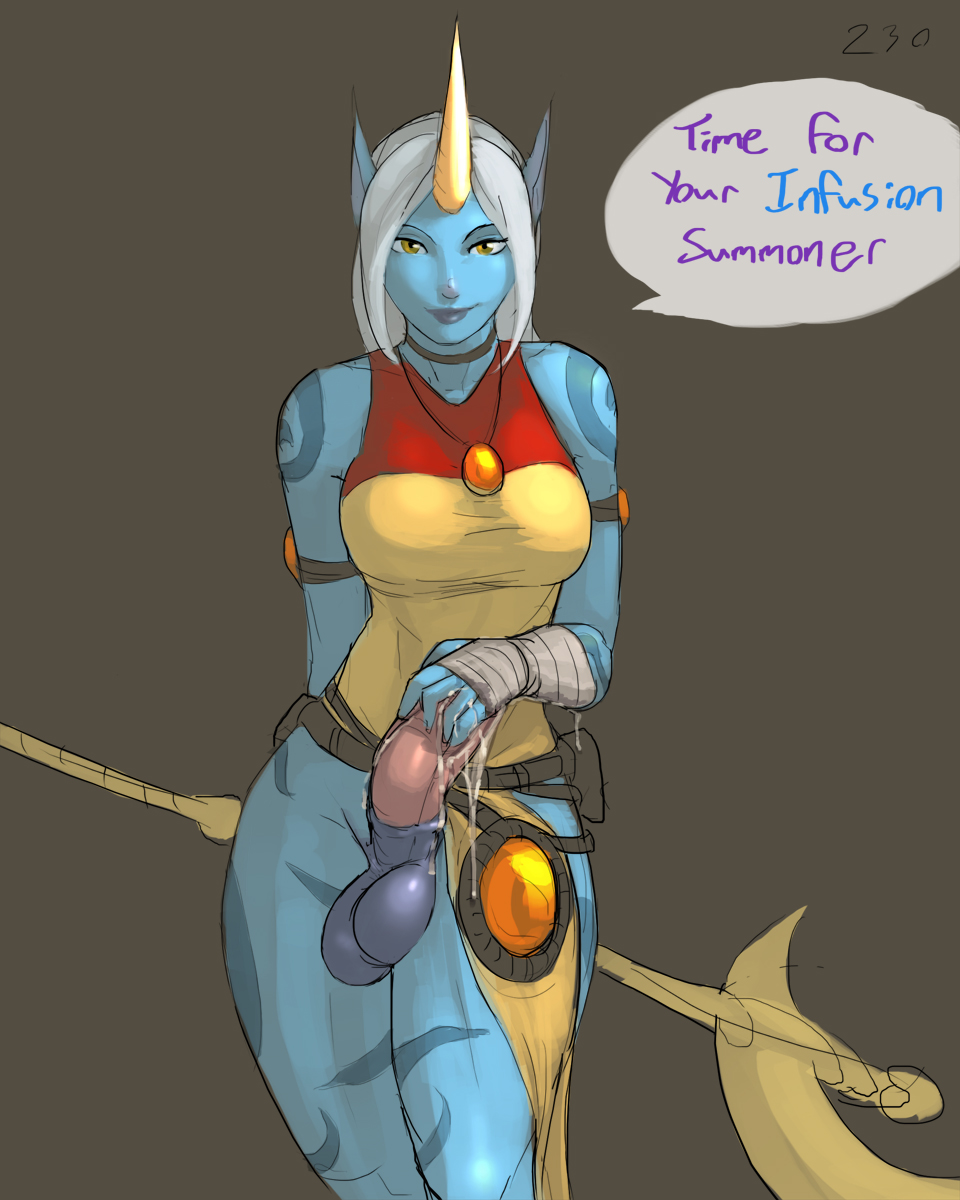 1futa, aka6, animal genitalia on humanoid, balls, blue skin, breasts, cum, cum on hand, cum on self, cum string, dialog, dress, english text, futa only, futanari, hair, horn, horsecock, horsecock on humanoid, huge balls, huge cock, intersex, inviting, large breasts, large penis, league of legends, looking at viewer, masturbation, penis, pointy ears, precum, solo, soraka, standing, testicles, text, white hair, yellow eyes